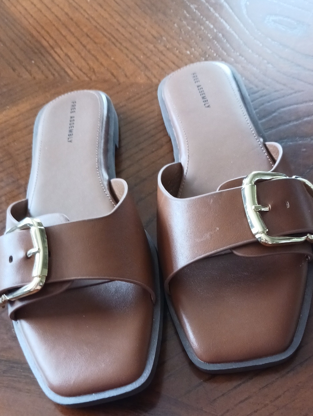 Brown Leather Slide Mules with Gold Buckle